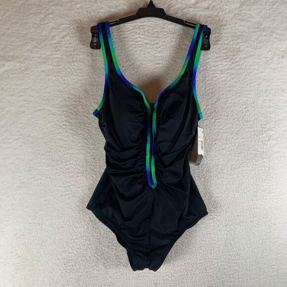 Shape Solver Womens Blue Green Shirred Zipper Tank One Piece Swimsuit Size 8 NWT - Picture 1 of 10